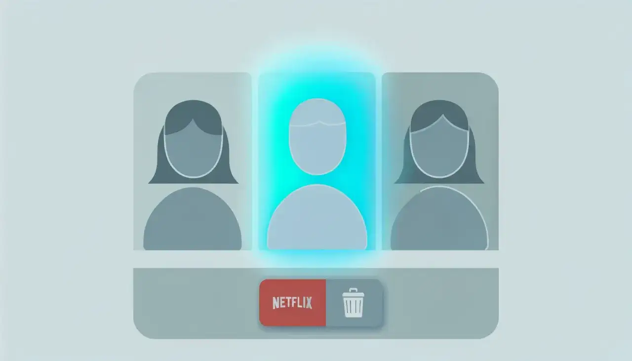 Ikony profili użytkowników Netflix, jeden podświetlony na niebiesko, obok przycisku kosza.