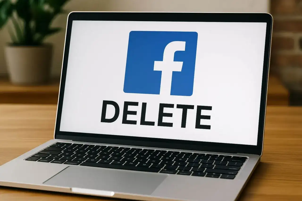 Laptop z logo Facebook i napisem DELETE.