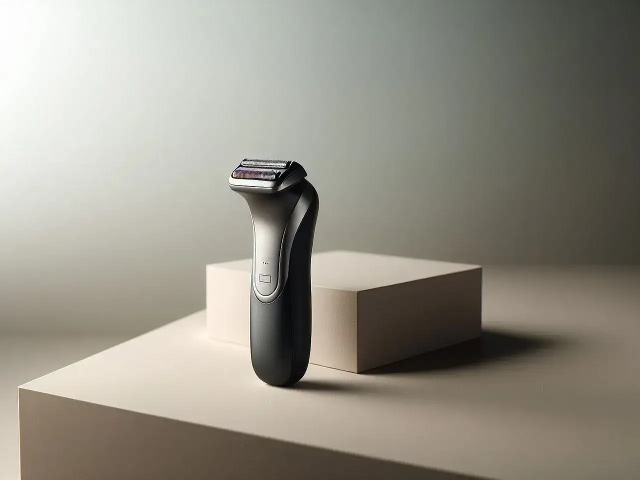 Nowoczesna, czarna golarka elektryczna na jasnym tle.