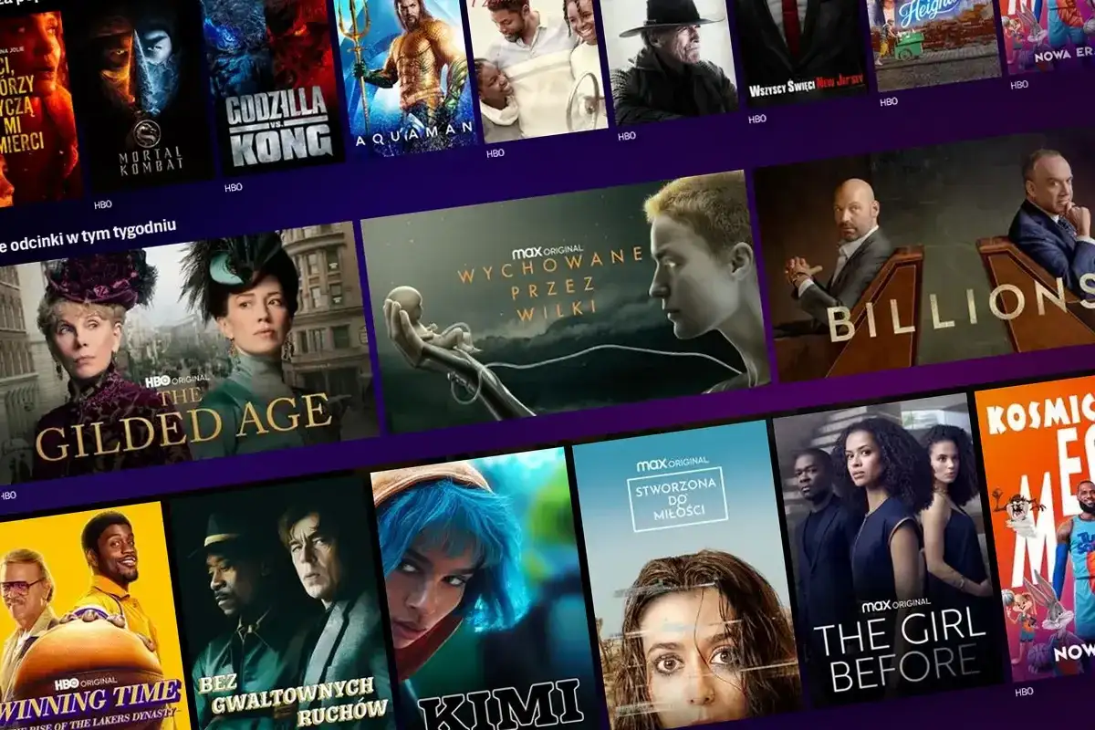 Plakat HBO z miniaturami filmów i seriali: "The Gilded Age", "Wychowane przez wilki", "Billions", "Kimi", "The Girl Before".
