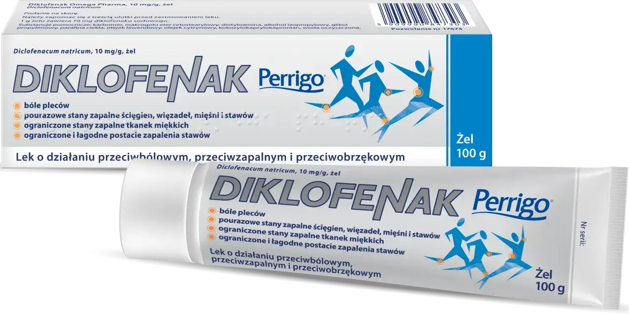 Opakowanie żelu Diklofenak Perrigo z grafiką osób w ruchu i informacją o zastosowaniu.