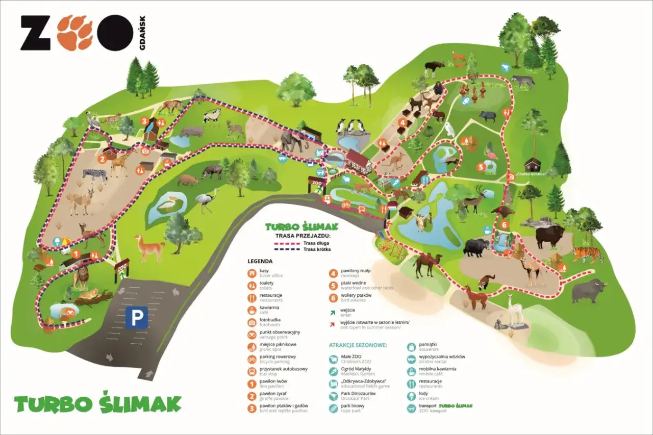 Mapa zoo w Gdańsku z zaznaczonymi trasami "Turbo Ślimak", zwierzętami i atrakcjami.