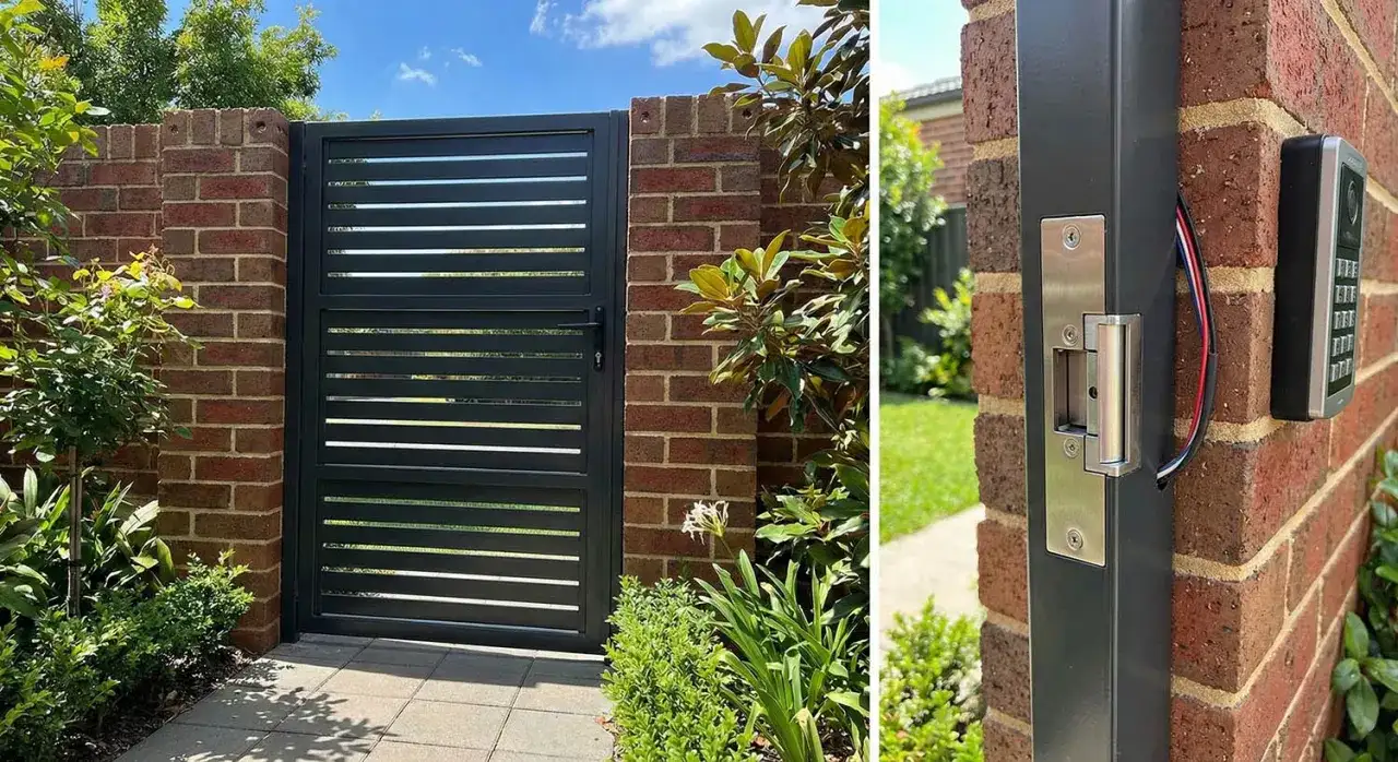 Nowoczesny elektrozaczep do furtki, zamontowany na słupku obok cyfrowej klawiatury kodowej, zapewnia bezpieczeństwo i wygodę.