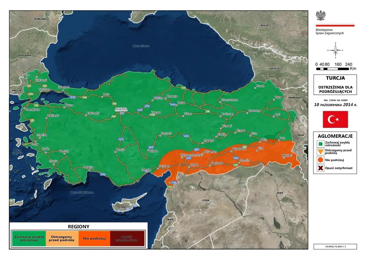 Mapa Turcji z zaznaczonymi regionami o różnym stopniu zagrożenia dla podróżujących.