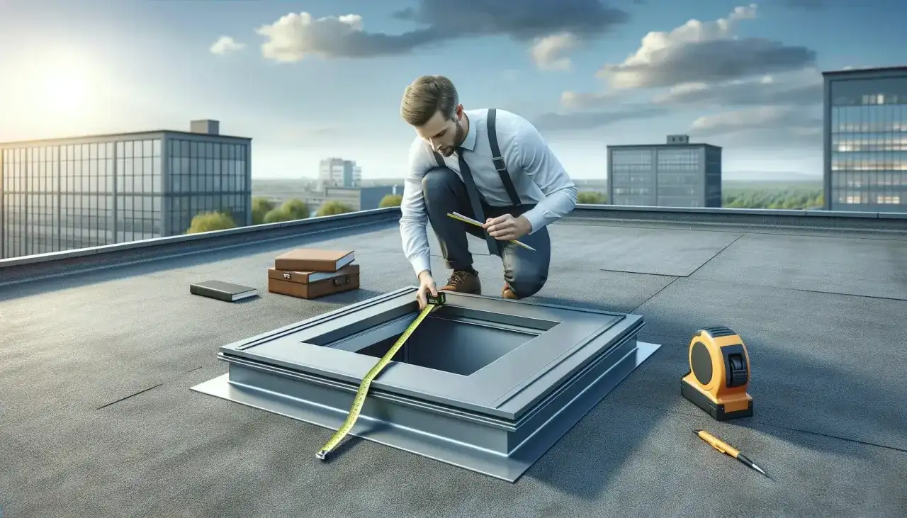 Mężczyzna mierzy wyłaz dachowy, sprawdzając jego wymiary. Obok leżą książki i miarka.