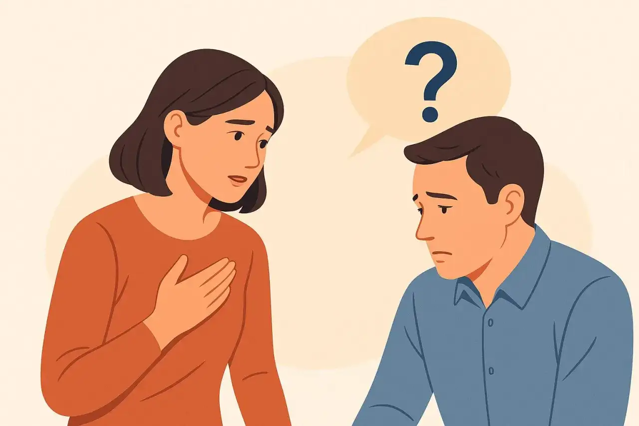 Para zadaje sobie ciężkie pytania. Kobieta z ręką na sercu, mężczyzna zamyślony, nad nim chmurka z pytajnikiem.