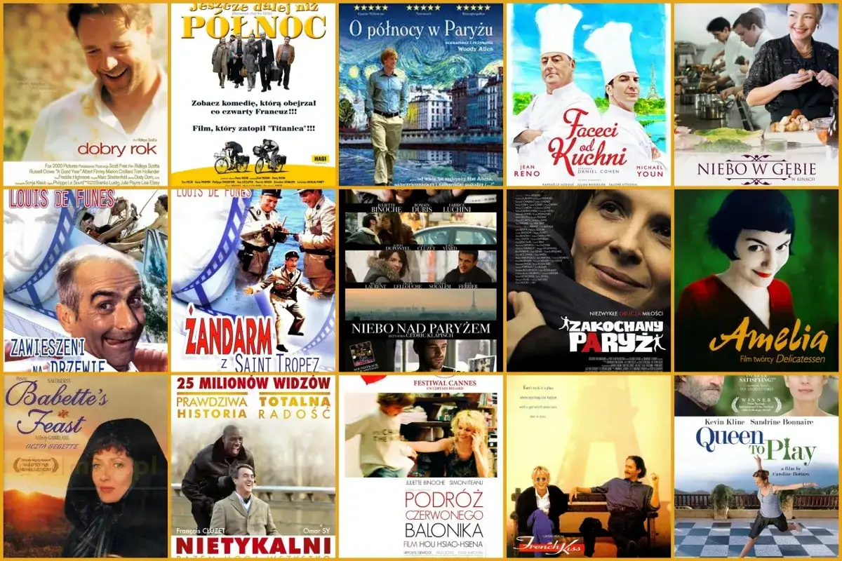 Plakat filmowy z kolażem okładek francuskich filmów, m.in. "Amelia", "Zakochanego Paryża".