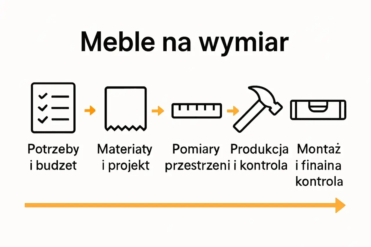 Schemat jak projektować meble na wymiar: potrzeby, materiały, pomiary, produkcja i montaż.