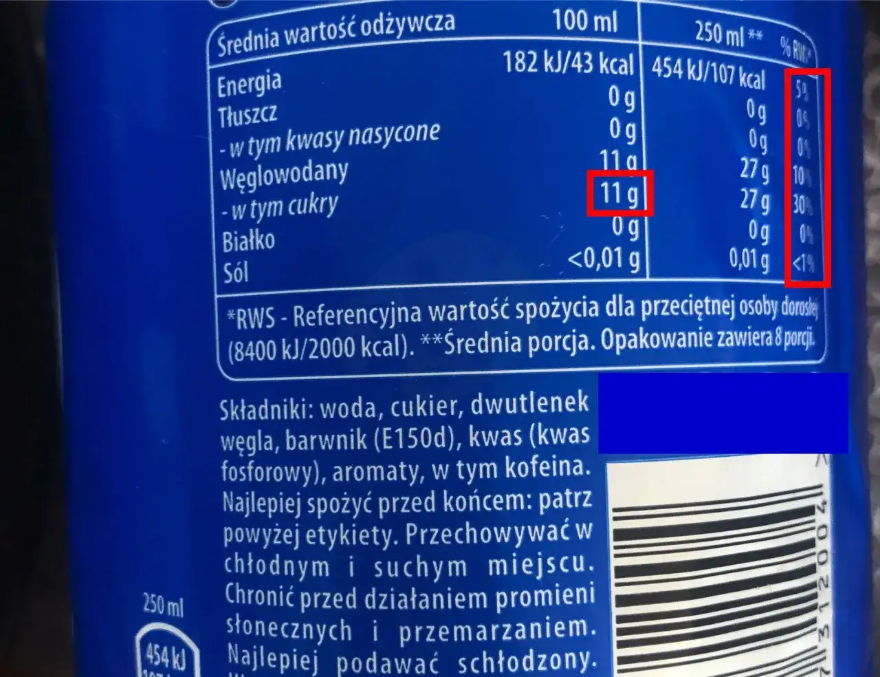 Tabela wartości odżywczych napoju. Czy piwo ma cukier? Tak, ten napój zawiera 11g cukru w 100ml.