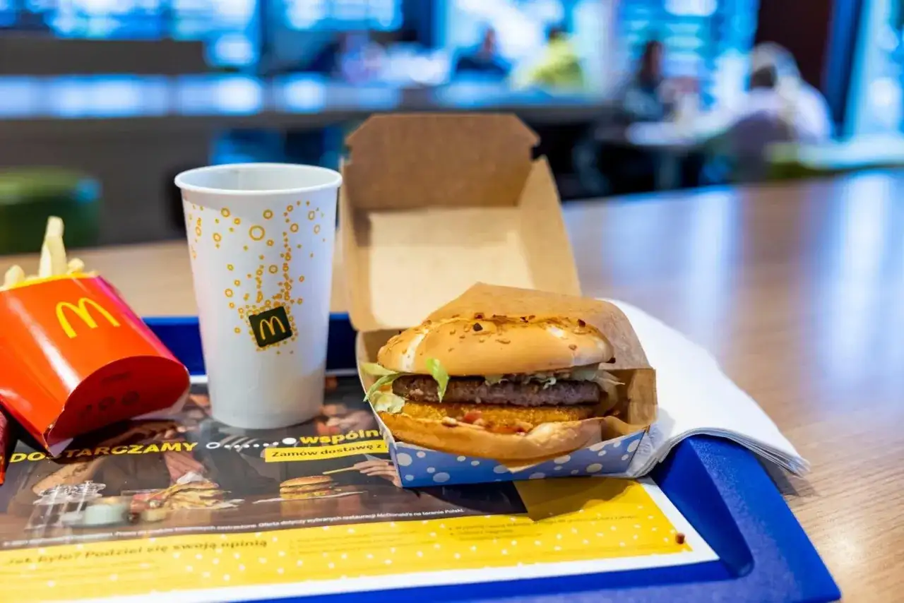 Zestaw z McDonald's: burger, kubek z napojem i czerwone opakowanie z frytkami. Zastanawiasz się, ile kosztują małe frytki w McDonald's?