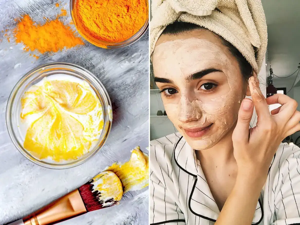 Kobieta z maseczką na twarzy i składniki do jej przygotowania: kurkuma i mleko.