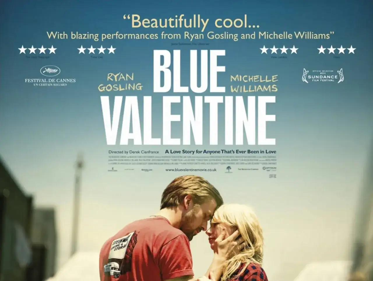 Plakat filmu "Blue Valentine" z Ryanem Goslingiem i Michelle Williams. To filmowe dzieło, które warto obejrzeć, poruszające historię miłości.