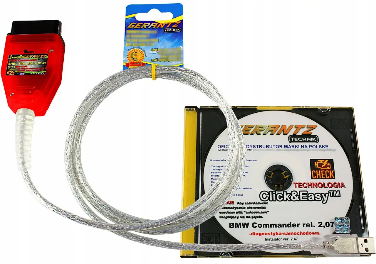 Czerwony adapter OBD z kablem USB i płytą CD z oprogramowaniem BMW Commander. Ten kabel k dcan jest kluczowy do diagnostyki samochodowej.