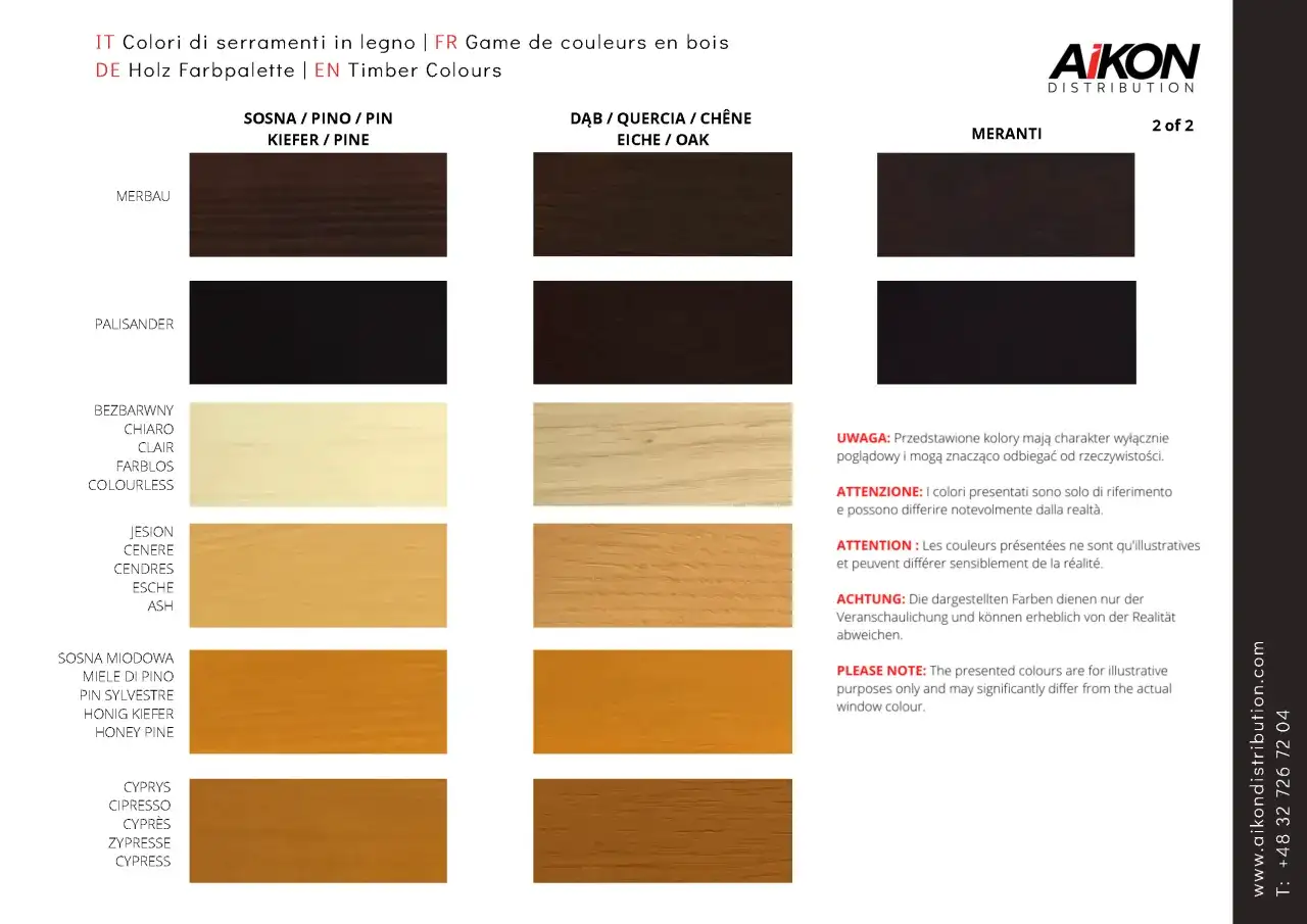 Paleta kolorów okien drewnianych: Merbau, Palisander, Bezbarwny, Jesion, Sosna miodowa, Cyprys. Różne odcienie drewna.