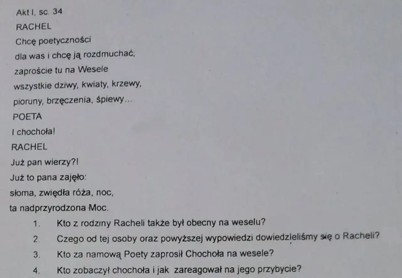 Kto zaprasza Chochoła na wesele? Poeta namawia Rachelę, by zaprosiła go na Wesele.
