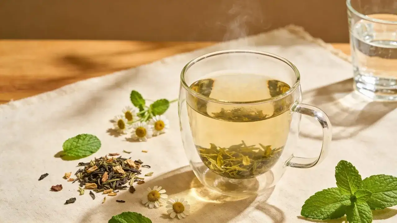 Parująca herbata w szklance, obok liście mięty, rumianek i suszone zioła.