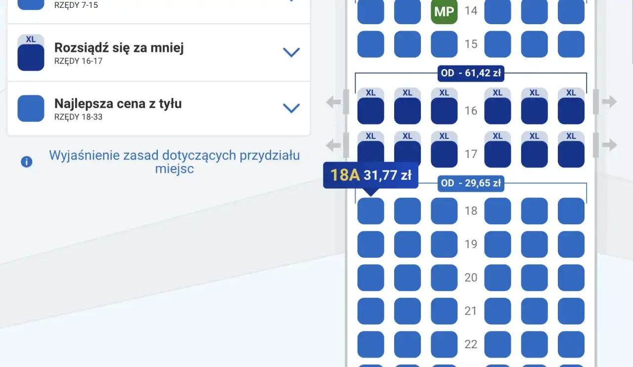 Widok wyboru miejsc w samolocie Ryanair, z zaznaczonymi miejscami XL i cenami.