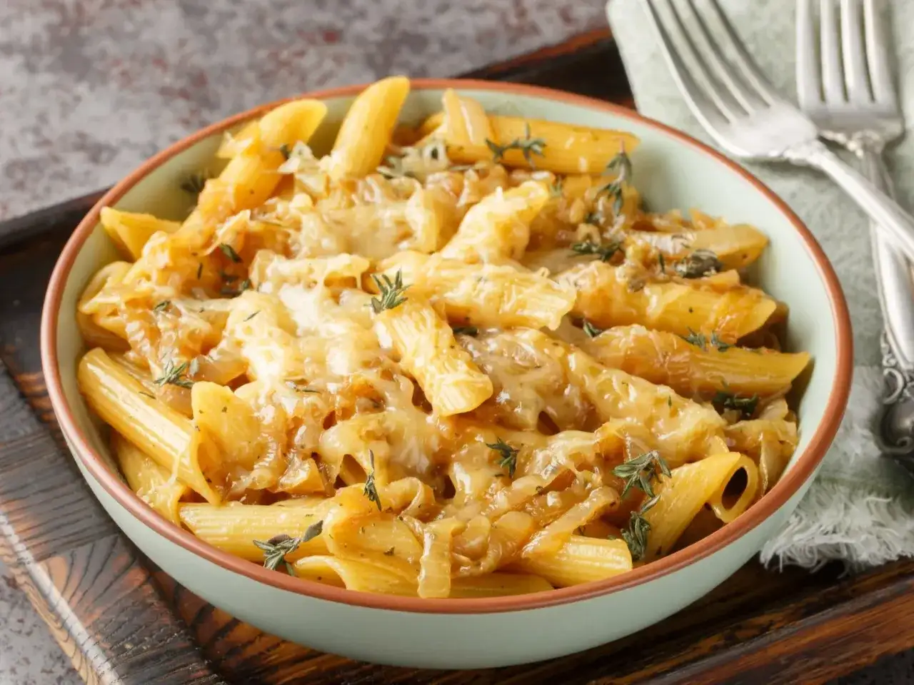 Makaron penne z karmelizowaną cebulą i roztopionym serem, ozdobiony tymiankiem.