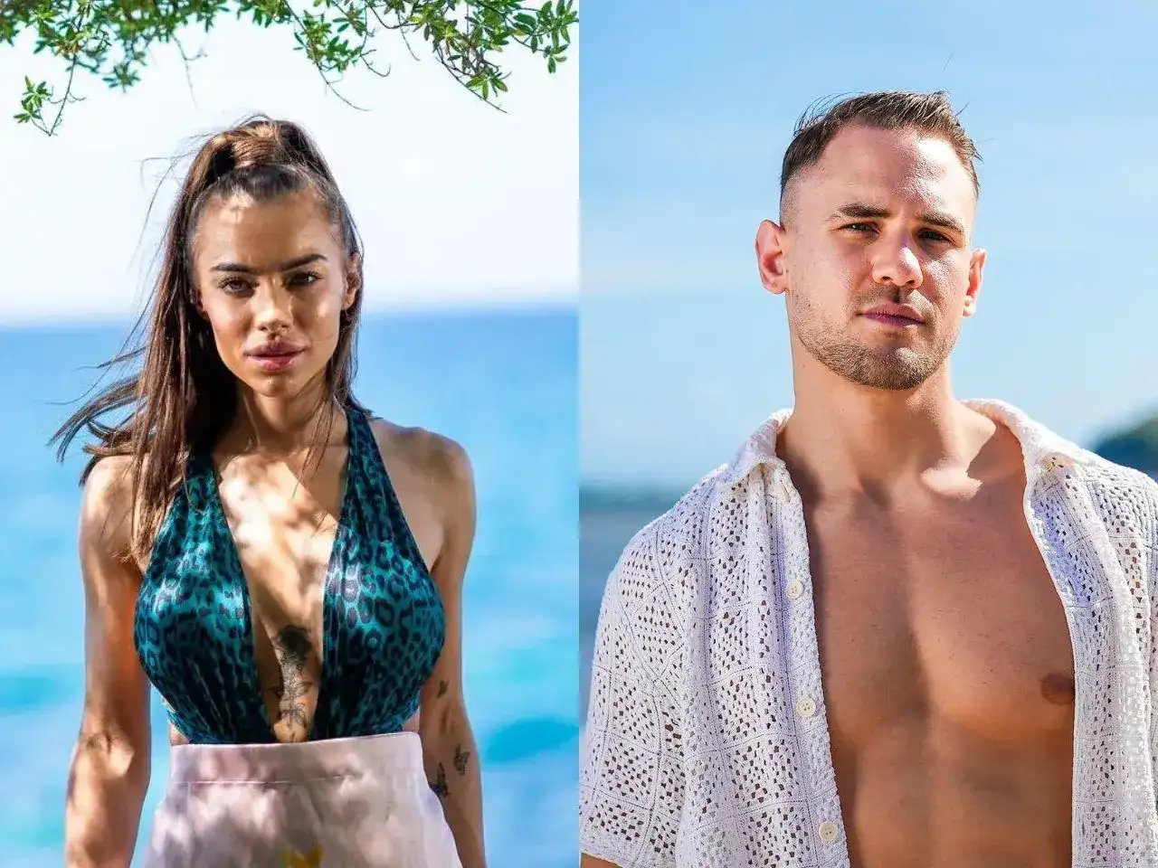 Hotel Paradise: zawodnicy, młoda kobieta w bikini i mężczyzna w ażurowej koszuli na tle błękitnego nieba i morza.