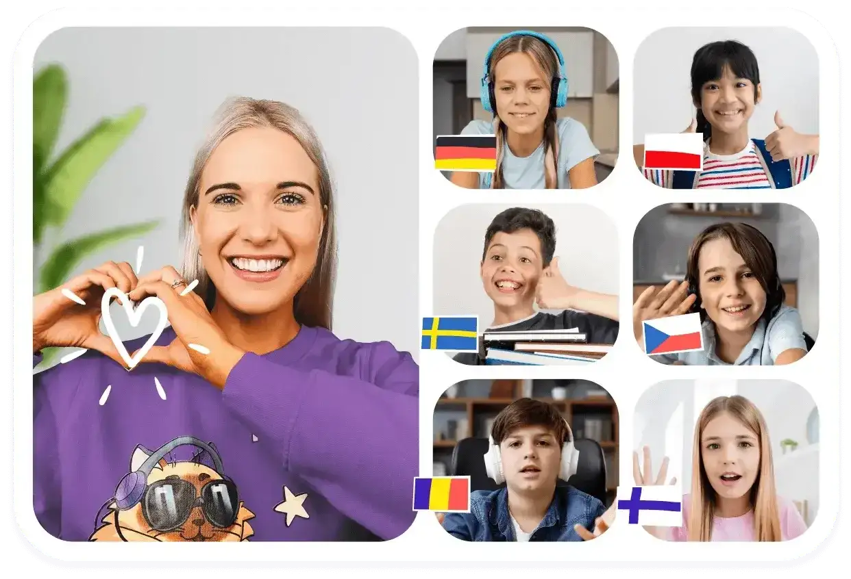 Uśmiechnięta kobieta tworzy serce dłońmi, otoczona przez dzieci z flagami różnych krajów.