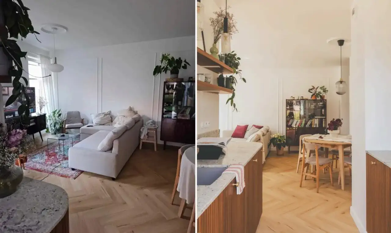 Jasne, oto opis:

Dwa ujęcia wnętrz: salon z kanapą i stolikiem kawowym po lewej, jadalnia z okrągłym stołem i kuchnia po prawej.