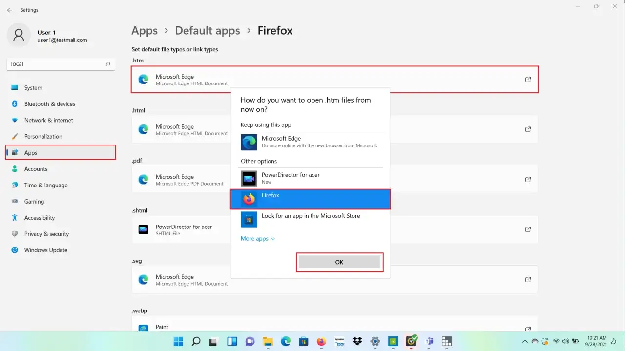 Ustawianie domyślnej przeglądarki w Windows 11: wybierz Firefox jako domyślną aplikację do otwierania plików .htm.