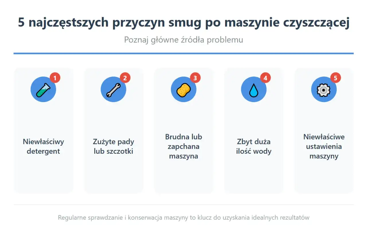5 przyczyn smug po myjce Karcher: niewłaściwy detergent, zużyte pady, brudna maszyna, za dużo wody, złe ustawienia.
