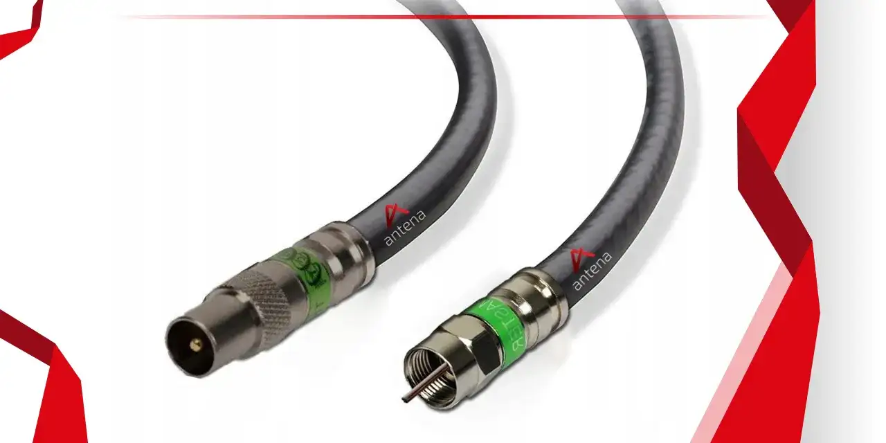 Dwa kable antenowe z wtykami F i IEC, idealne do stabilnego internetu po kablu koncentrycznym.