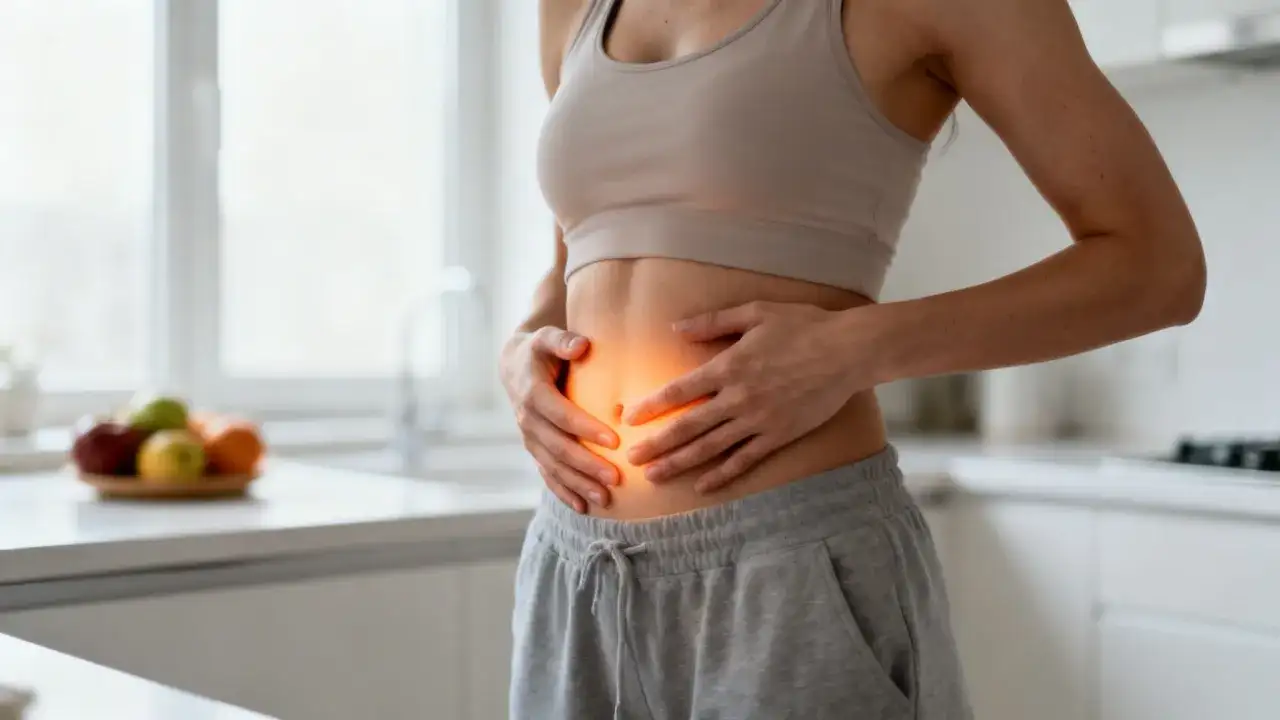 Kobieta trzyma się za brzuch, gdzie widoczny jest pomarańczowy blask. Zastanawiasz się, metabolizm co to? To klucz do zdrowia.