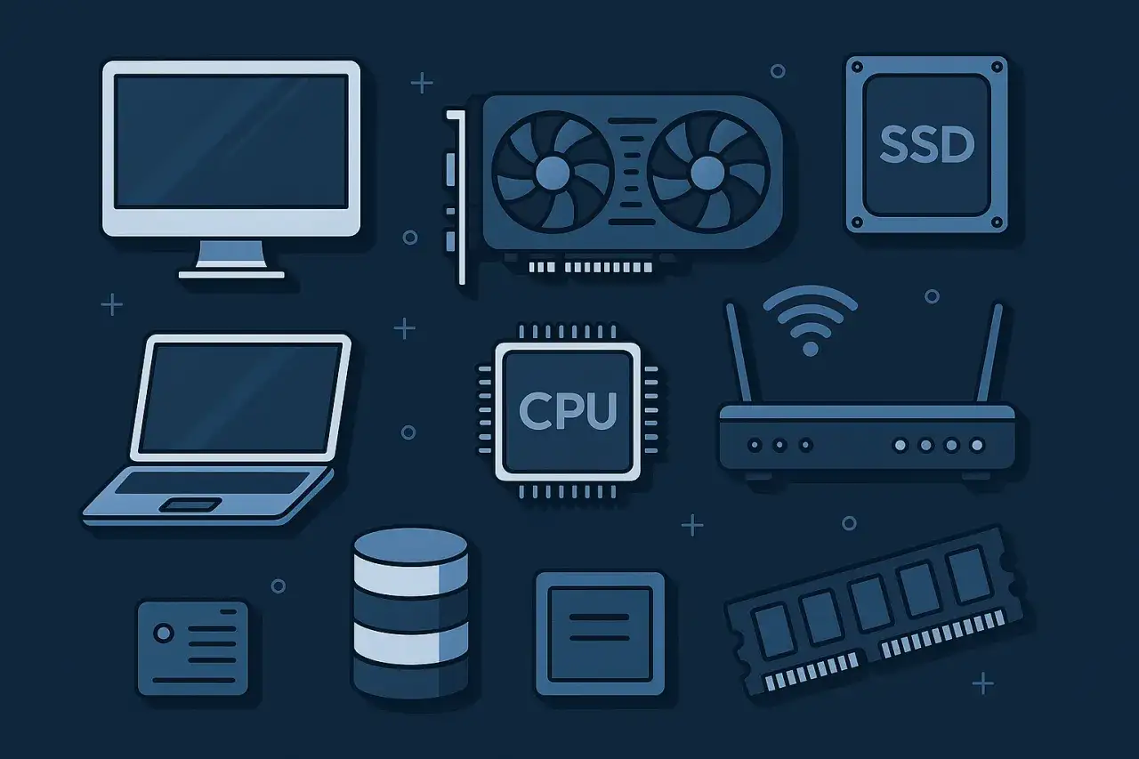 Komponenty komputera: monitor, laptop, karta graficzna, CPU, SSD, router, RAM. Idealne, by wybrać jaki komputer do VR.