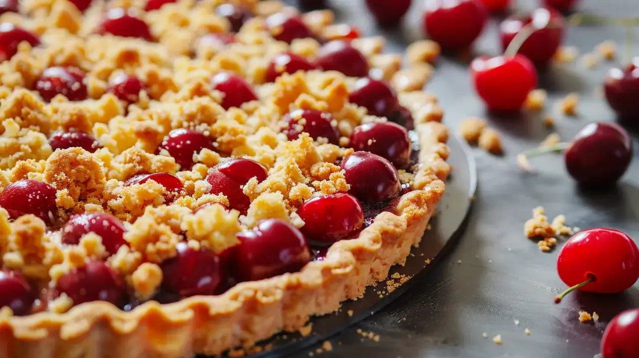 Kruche ciasto z wiśniami, morelami i kruszonką - letni przysmak