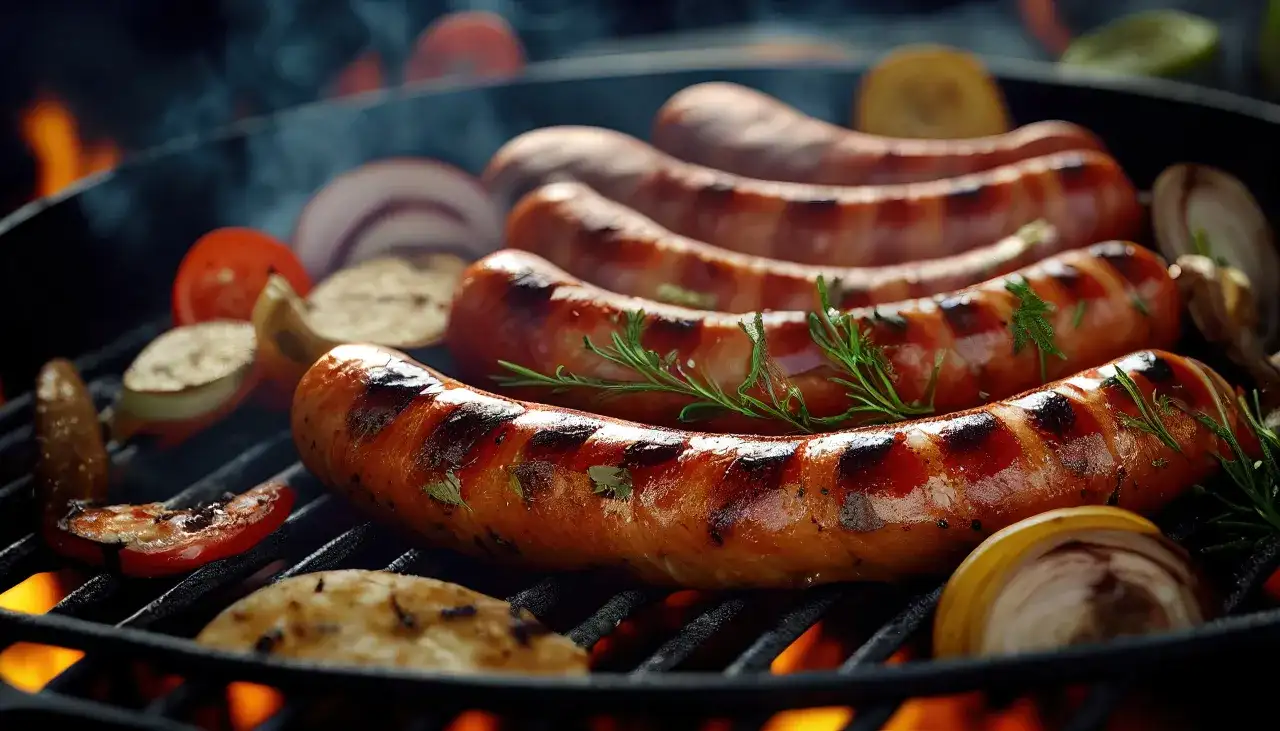 Kiełbaski surowe z majerankiem grillowane z warzywami, dymiące się nad ogniem.