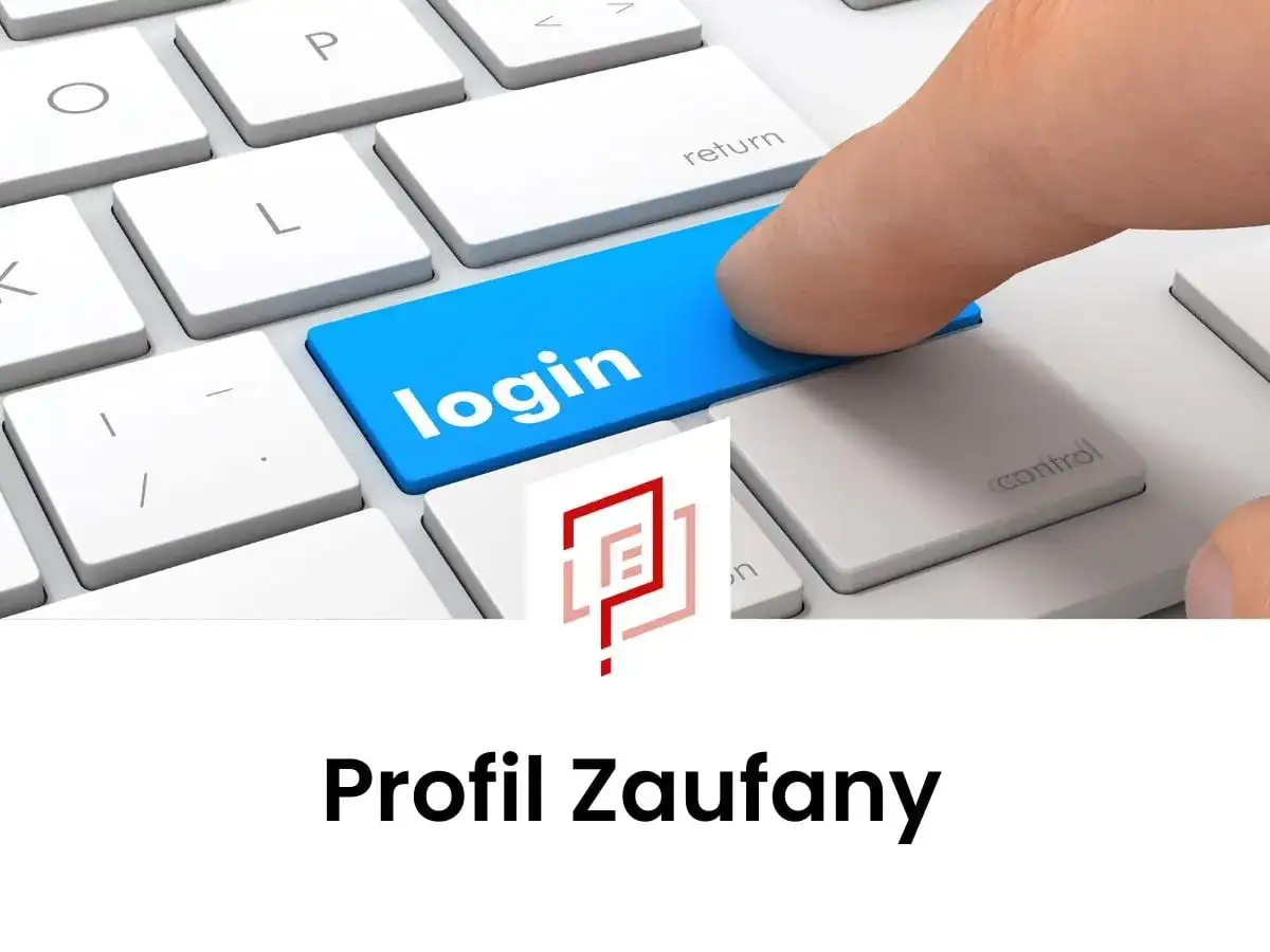 Palec naciska niebieski klawisz "login" na klawiaturze. Pod spodem logo i napis "Profil Zaufany" - dowiedz się, jak dodać dziecko do profilu zaufanego.