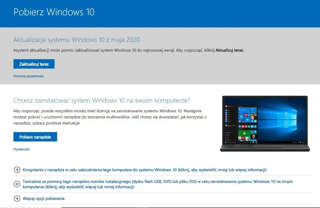 Laptop z systemem Windows 10, przycisk "Pobierz narzędzie" i "Zaktualizuj teraz".