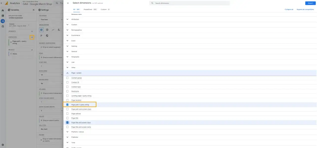 Wybieranie wymiaru "Page path + query string" do analizy page views.