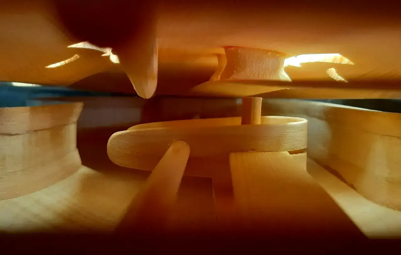 Wnętrze skrzypiec w trakcie budowy. Widać drewniane elementy, jak wyglądają skrzypce od środka, przygotowywane do złożenia.