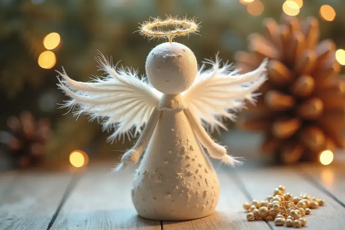 Uroczy aniołek z włóczki, z delikatnymi piórkowymi skrzydłami i złotą aureolą, otoczony świątecznymi światełkami i szyszką.