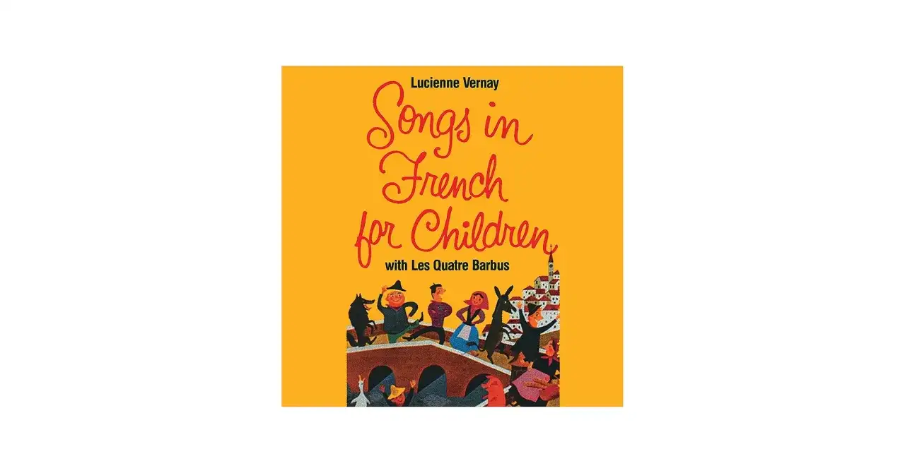 Ilustracja z okładki płyty "Songs in French for Children" z tańczącymi postaciami i miasteczkiem.