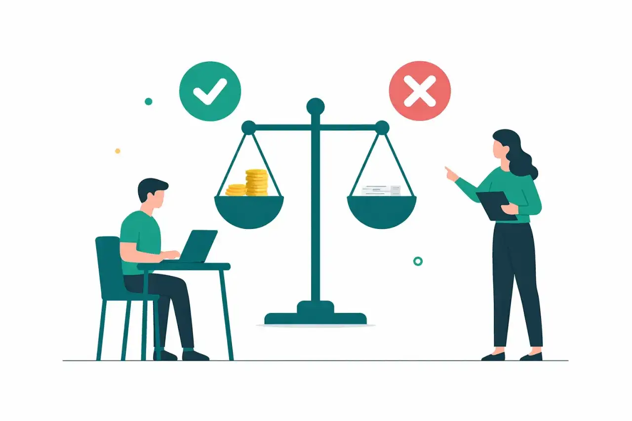 Waga szalkowa z monetami po jednej stronie i dokumentami po drugiej. Czy praktyki zawodowe są płatne? Zielony znaczek i czerwony krzyżyk nad szalkami.