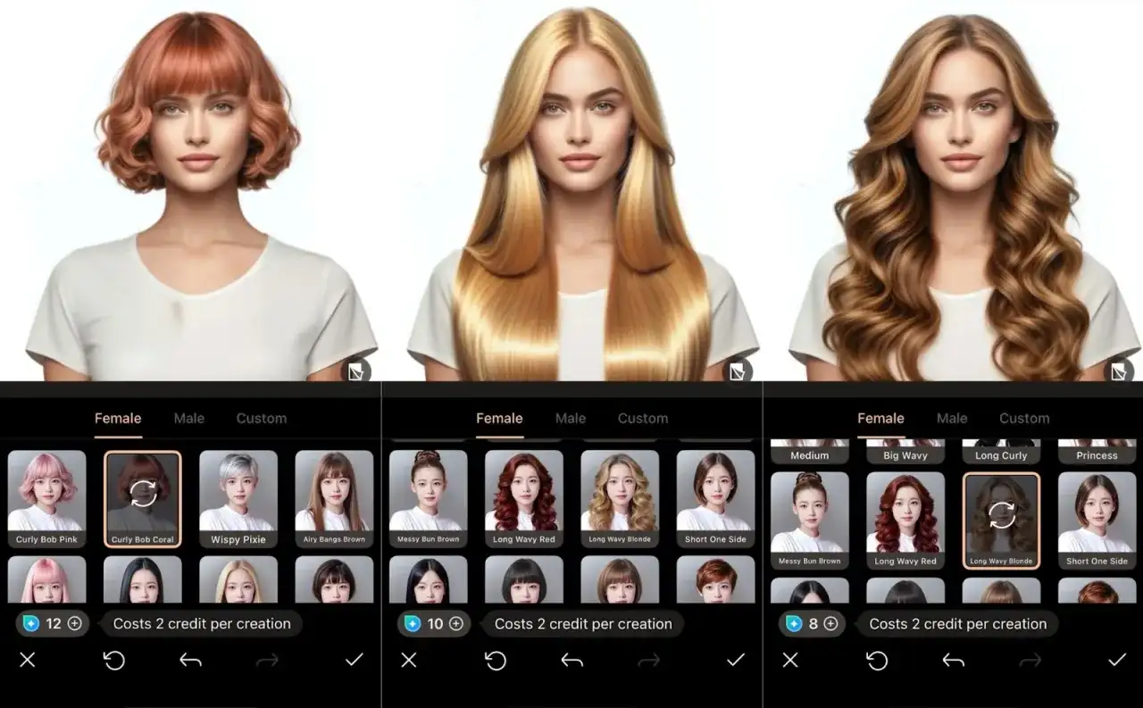 Wirtualny fryzjer który dobierze fryzurę. Wypróbuj różne style włosów na trzech kobietach.