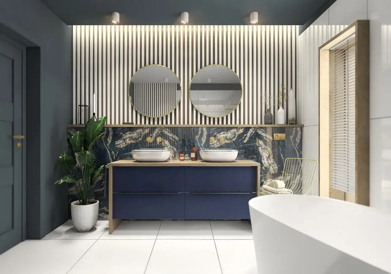 Nowoczesna łazienka z dwoma umywalkami, lustrami i ozdobną ścianą.