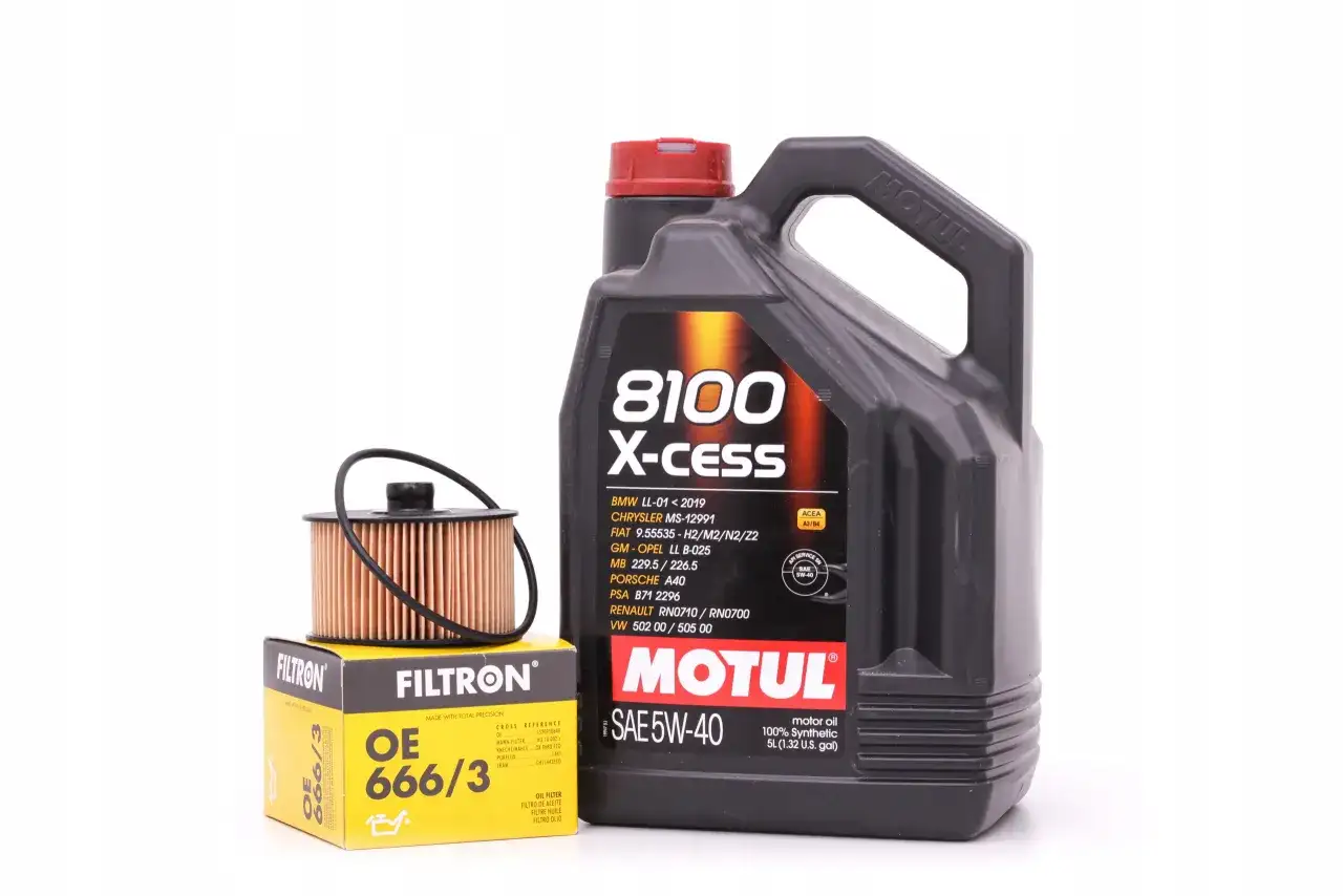 Kanister oleju silnikowego Motul 8100 X-cess 5W40 i filtr oleju Filtron OE 666/3.