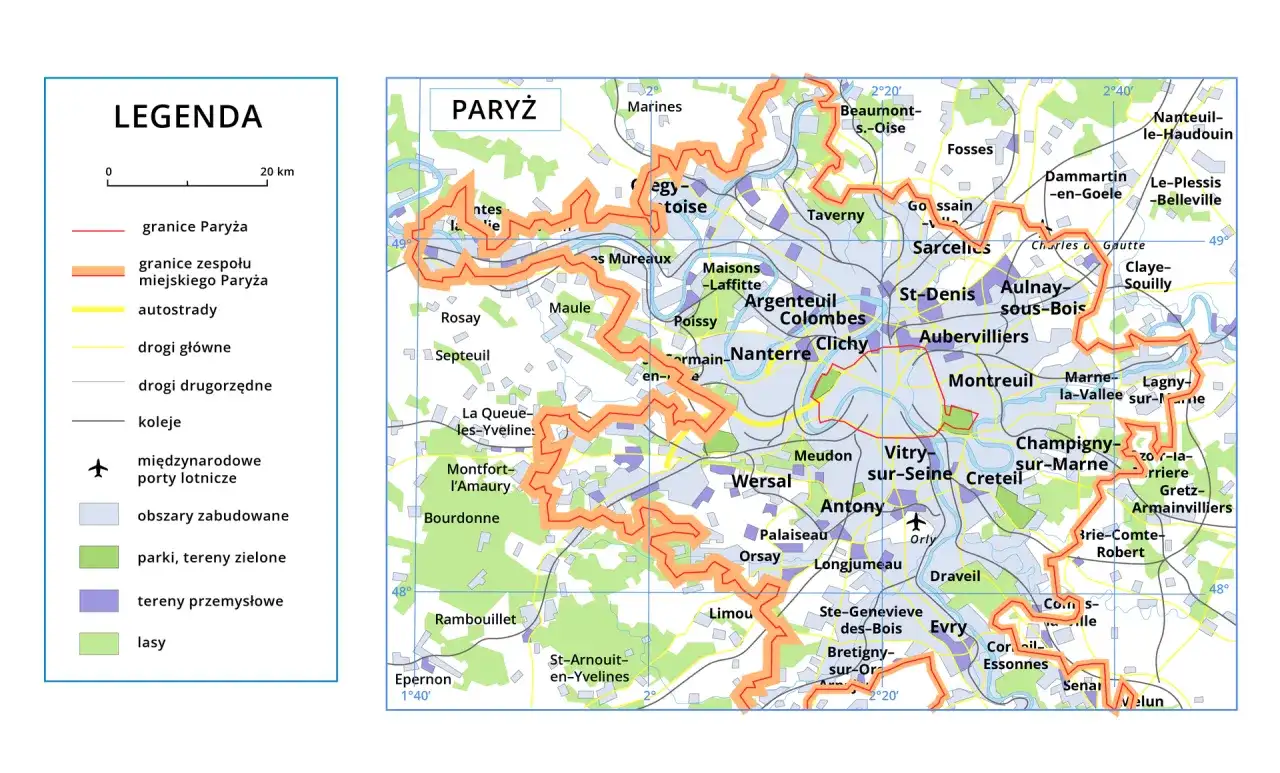 Mapa Paryża i okolic z zaznaczonymi granicami, autostradami, drogami, kolejami i terenami. Pokazuje, ile mieszkańców ma Paryż, otoczony przez gęsto zabudowane obszary.