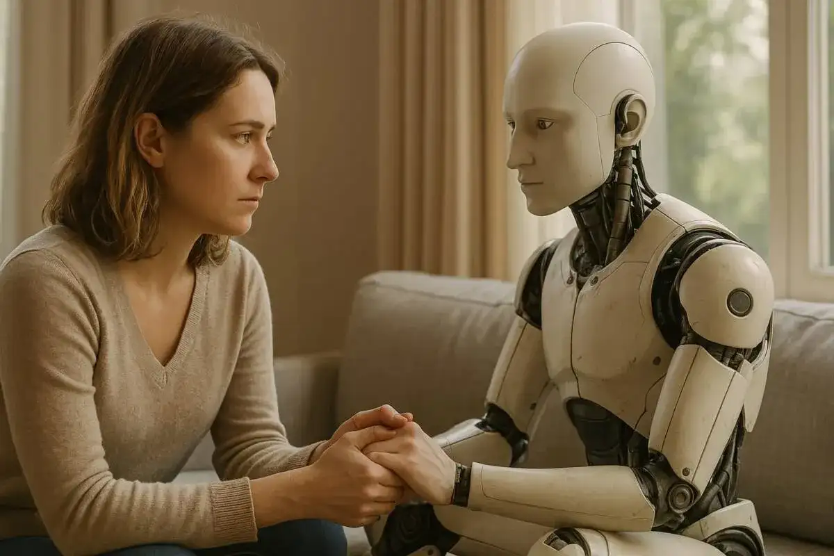 Kobieta i robot siedzą obok siebie, trzymając się za ręce. To obraz tego, jak nas widzi sztuczna inteligencja, pełen empatii i zrozumienia.