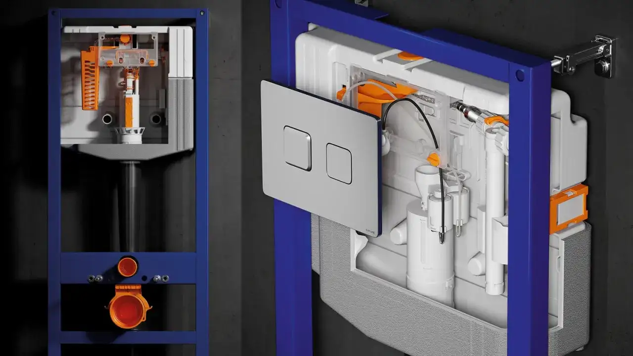 Schemat spłuczki podtynkowej Cersanit. Widoczny mechanizm i przyciski, pomocne przy pytaniu jak włożyć kostkę do spłuczki podtynkowej Cersanit.