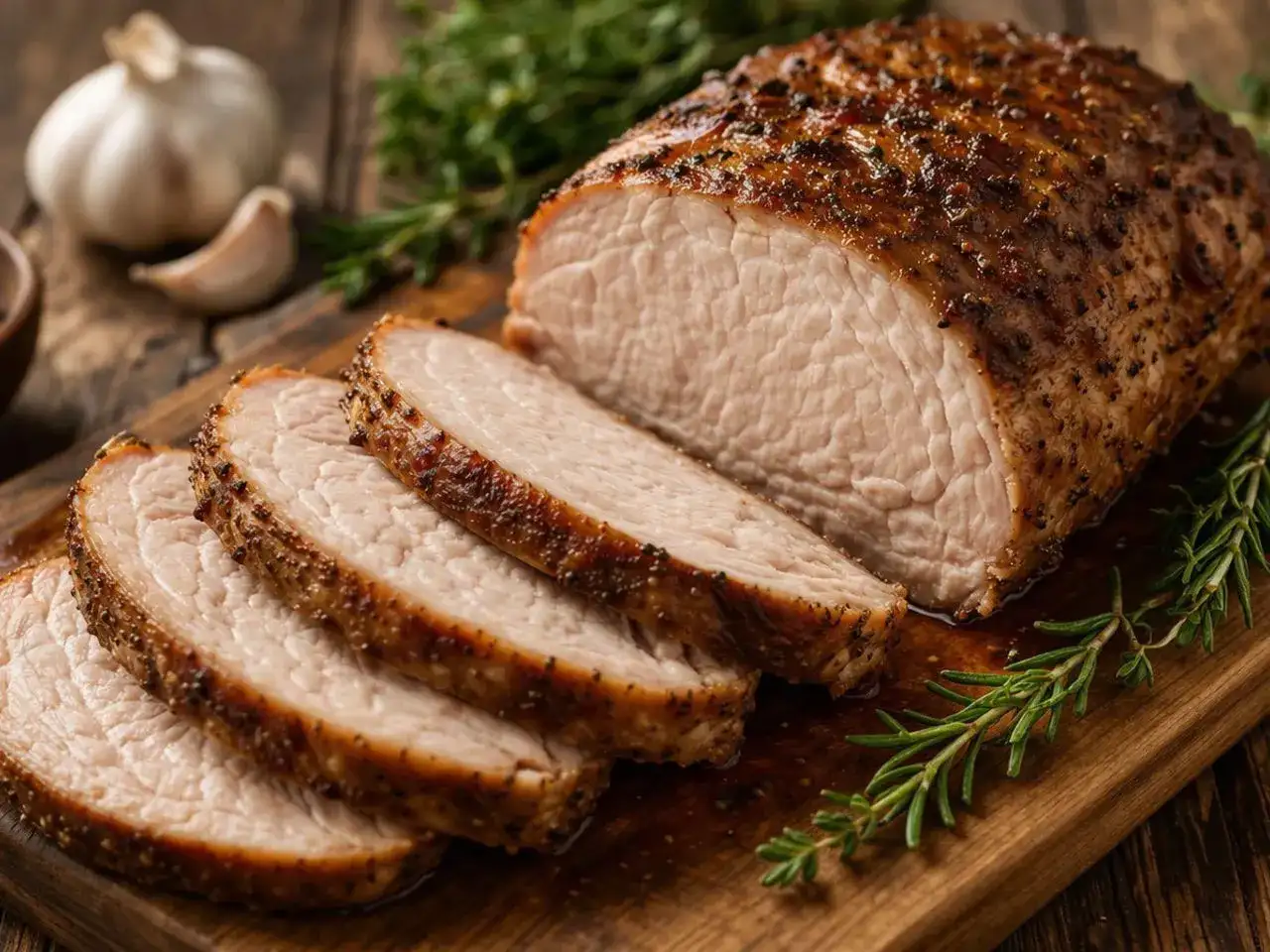 Pyszny pieczony schab, pokrojony w plastry, z czosnkiem i rozmarynem. Idealny na obiad, zastanawiasz się, ile schabu na 10 osób?