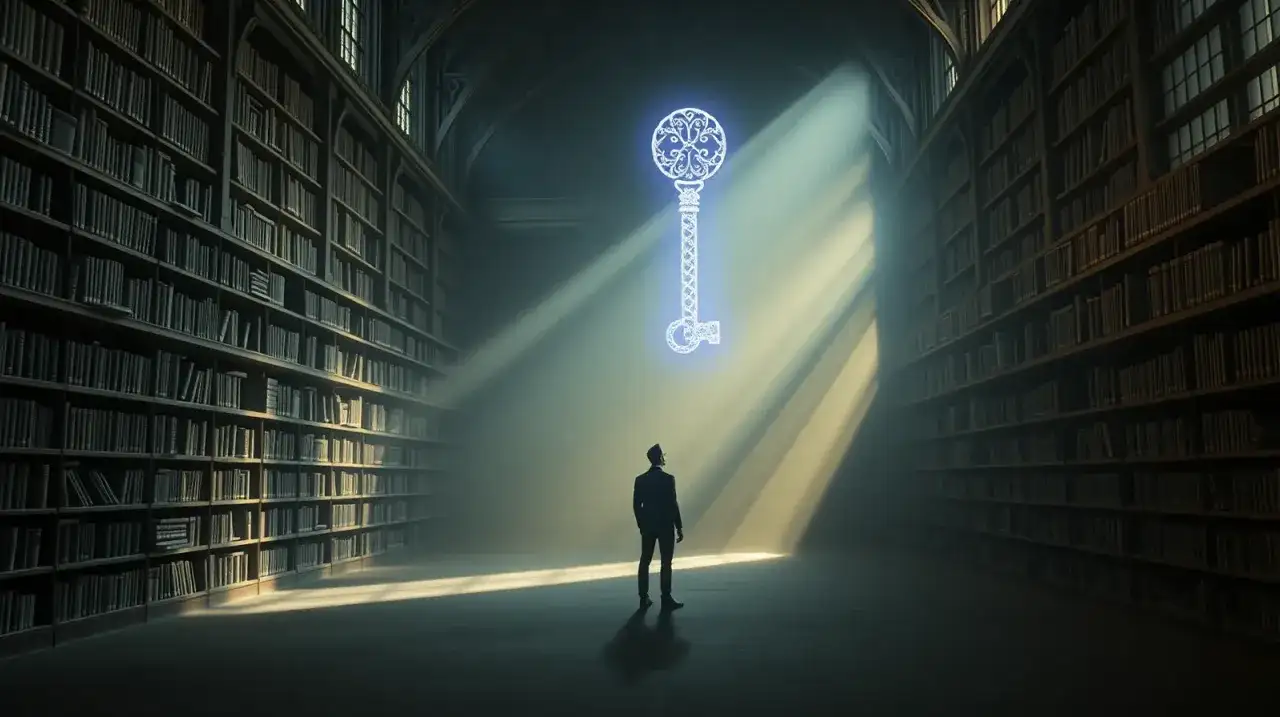 W wielkiej bibliotece, człowiek w garniturze szuka czegoś. W powietrzu unosi się świetlisty klucz, symbol wiedzy i odkryć.