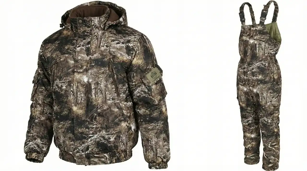Kombinezon i kurtka myśliwska w kamuflażu leśnym. To idealne ubranie, co zakładają myśliwi, by wtopić się w otoczenie.