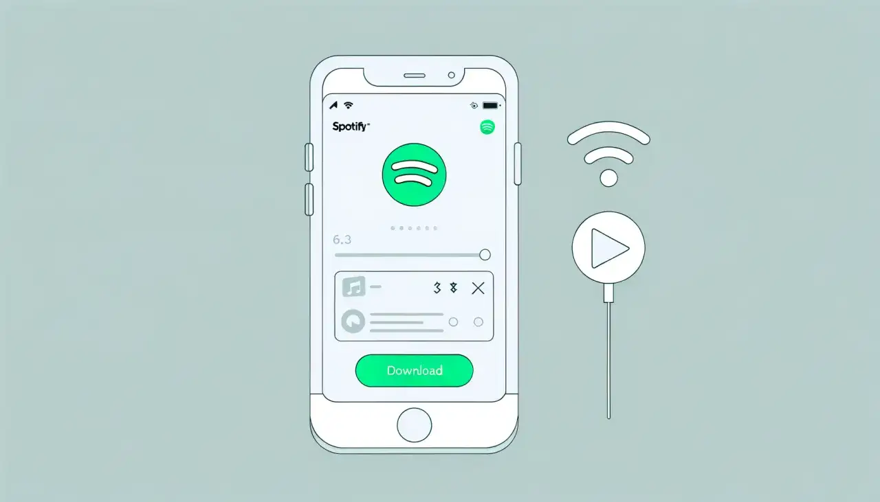 Ilustracja telefonu z aplikacją Spotify i ikoną pobierania, obok symbol Wi-Fi i odtwarzania.
