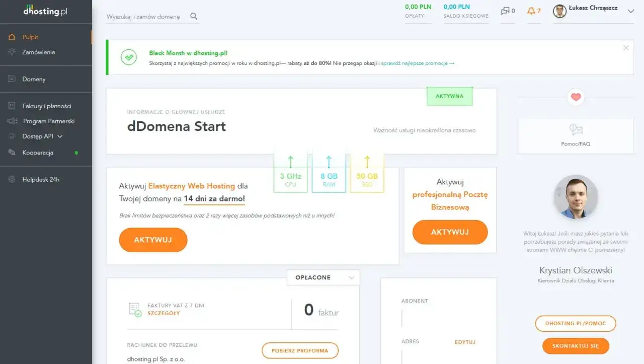 Panel dhosting.pl: dDomeny Start, aktywacja hostingu, poczty biznesowej. Gdzie domena i hosting? Tutaj!